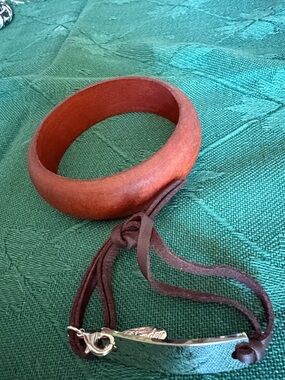 Brown Leather Bangle Bracelet with Adjustable Cord and brown ltwt. wooden $12